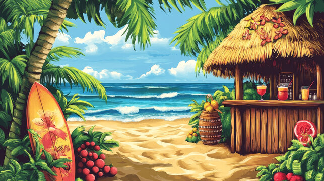 Beach tiki bar and standing surfboard. Cartoon vector illustration set of summer sea sand shore cafe with cocktails and fruits. Hawaiian tropical wooden and bamboo shack with thatch or straw roof.