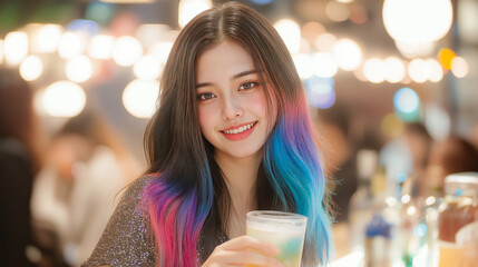 Close up on a happy Asian female adorn with blurred night street light, her hair is playful style on hair color, lgbtq+ and diversity concept 