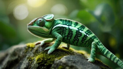 Obraz premium Chameleon climbing a mossy rock in a lush forest during golden hour light