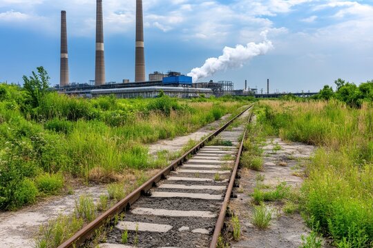 Abandoned Railway Tracks Surrounded by Lush Vegetation Near a Power Plant with Emission Smoke and Industrial Landscape Under Blue Sky