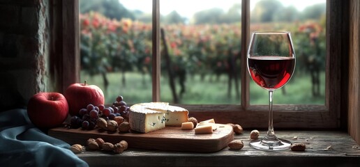 Wine, Cheese, and Grapes Still Life by Window