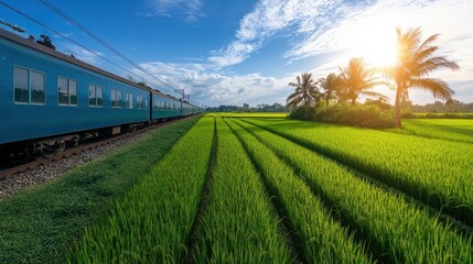 Beautiful Landscape of a Train Traveling Through Lush Green Rice Fields Under a Bright Sky with Sunlight and Palm Trees in the Background
