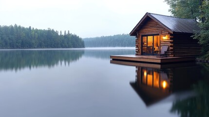 Obraz premium Lakeside log cabin at dusk, tranquil lake reflection, peaceful escape