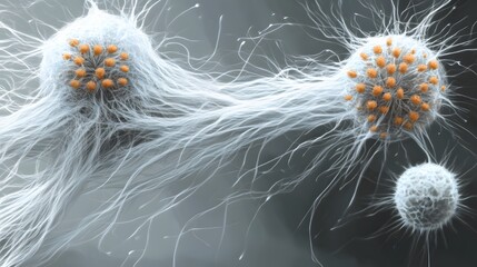 Fototapeta premium Microscopic Virus Cells Connected by Filaments Abstract AI Generated Image