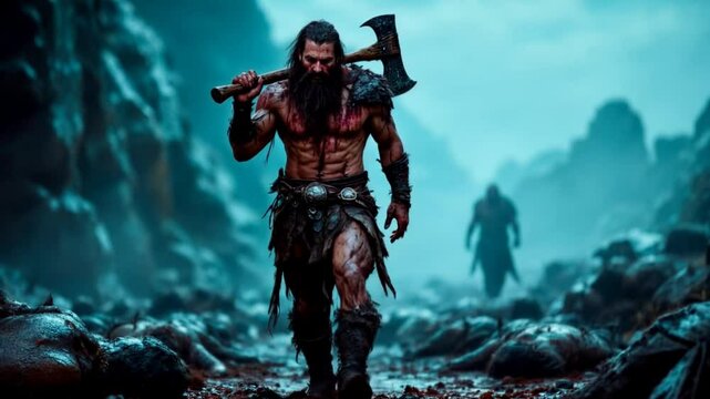 A huge viking with an axe. Gloomy video clip. The battlefield is strewn with the bodies of the fallen. A grim picture of antiquity.