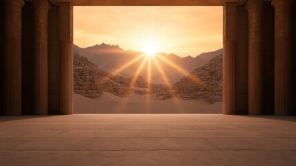 Peaceful desert landscape at sunrise ancient temple ruins in wide angle architectural photography