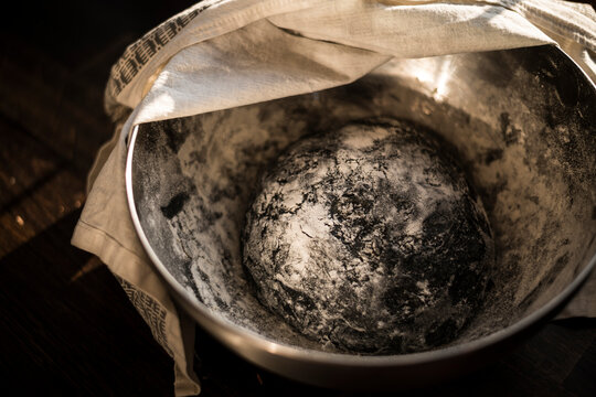 Black dough for burger buns rising in a bowl