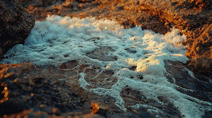 Waves crashing on rocky shore, creating foam and splashes in golden light. dynamic movement of water contrasts with rugged texture of rocks