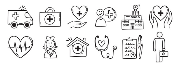 Medical kit, hospital, clinic doodle hand drawn icon set. Outline drawing stethoscope, report, healthcare, doctor, patient, line clipart symbol