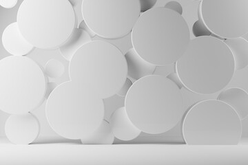 White abstract stage mockup - flying plastic circles as decor, copy space. Template 3D illustration scene in modern airy geometric style for presentation cosmetic products, goods, advertising, sale.