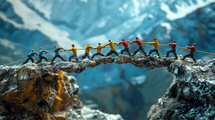Business teams tug of war battle over mountain gap. Opposite groups pull rope during competition or rivalry. Characters fighting for leadership, arguing, wrestling, Line art flat vector illustration