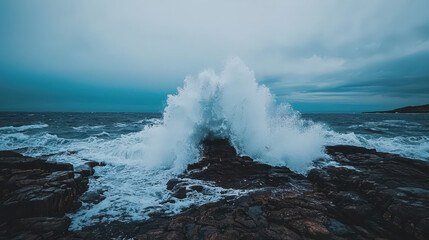Naklejka premium powerful wave crashing against rocky shore, creating dramatic splash. turbulent sea contrasts with dark rocks, evoking sense of nature raw energy and beauty