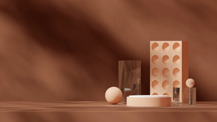 3d rendering empty scene brown color curved cylinder podium in landscape blocks and spheres