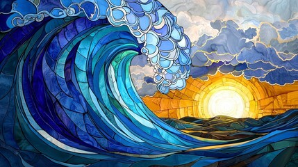 Vibrant Blue Wave with Golden Sun in Colorful Stained Glass Style