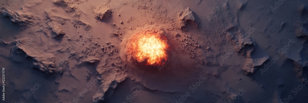 Aufkleber maximalist digital art fiery explosion and mushroom cloud on textured terrain - dynamic visuals for 