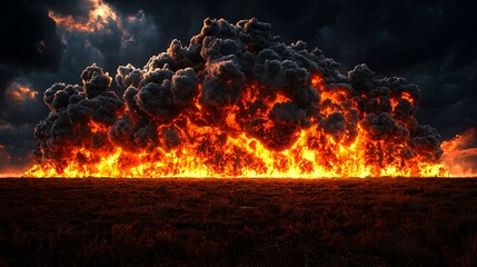 Dramatic Fiery Explosion Against Dark Stormy Sky Landscape