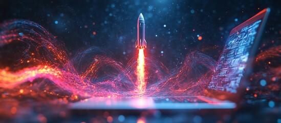 Digital Launch: Rocket Ascending from a Laptop Screen