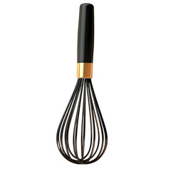 Kitchen whisk on a white isolated background, elegant design with black handle and gold accent.