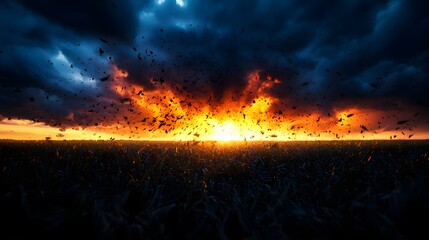 Naklejka premium Dramatic Sunset Over Fields with Dark Clouds and Colorful Sky