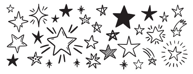 hand drawn stars set. Doodle star outline illustrations. © Yanka