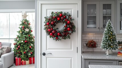 Fototapeta premium Festive Christmas Kitchen Decor: A Red and Green Wreath on a White Door