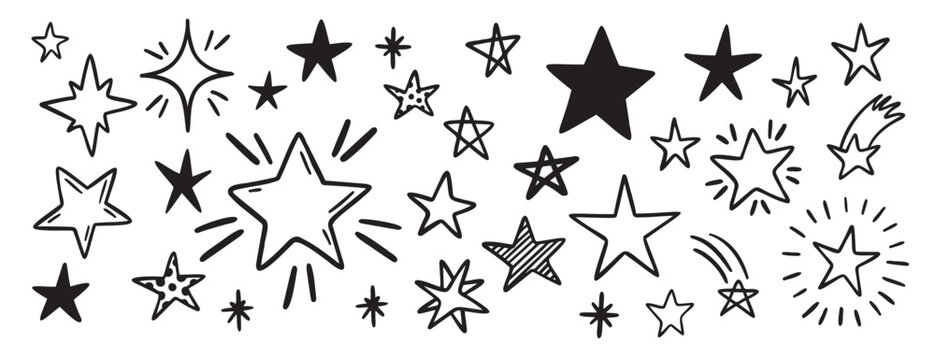 hand drawn stars set. Doodle star outline illustrations.