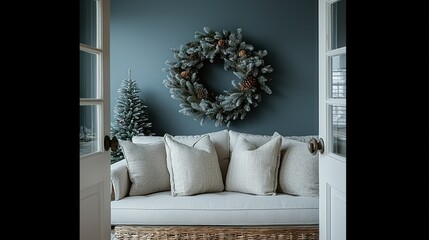 Cozy Christmas Living Room Interior Design with Wreath and Minimalist Decor