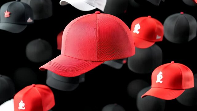 Red hat is floating above a bunch of other hats. The hats are all different colors and sizes, but the red hat stands out as the main focus. Concept of playfulness and fun