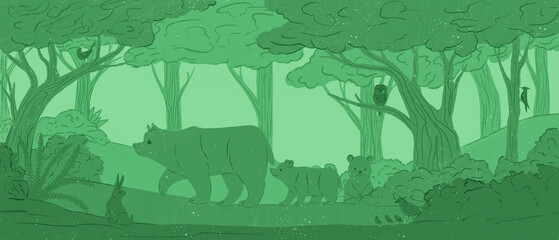 Illustration of a forest landscape with animals and trees