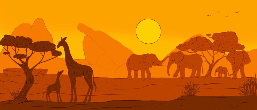 Illustration of African wildlife landscape with giraffes and elephants at sunset