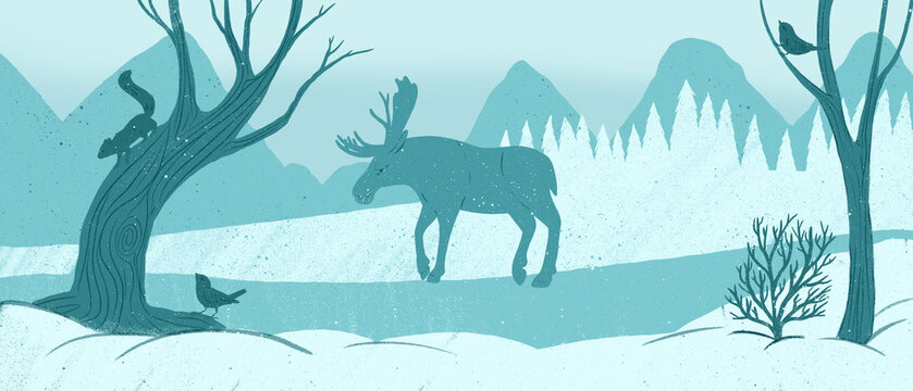 Illustration of a northern forest landscape with a moose and birds in winter
