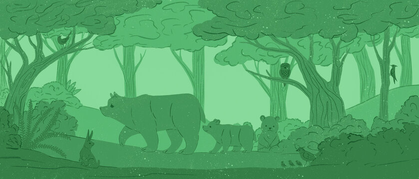 Illustration of a forest landscape with animals and trees