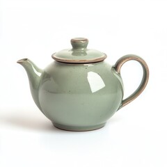 Sage teapot, studio shot, white background, tea brewing