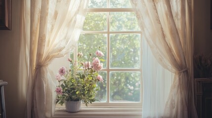 Fototapeta premium A vintage-inspired window with floral decor and flowing drapes, creating a soft, romantic vibe