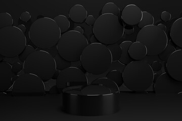 Obraz premium New year black abstract stage mockup - black glossy plastic podium mockup, flying black circles decor. Template 3D illustration luxury scene for presentation cosmetic products, goods, advertising.
