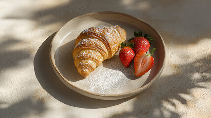 A delicious pastry and fresh strawberries on a plate, bathed in sunlight.
