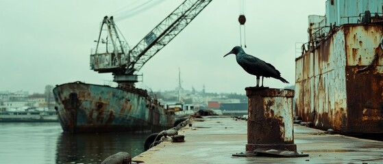 A solitary bird perches on a dock post, overlooking a serene harbor with rusted ships in a misty, timeless ambiance.