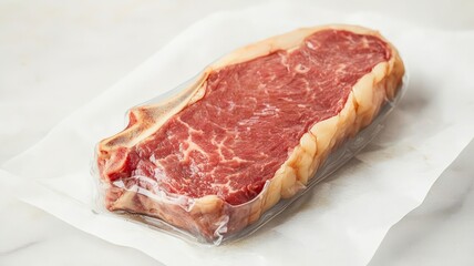 Obraz premium food safety storage risk concept. Raw ribeye steak on parchment paper, showcasing marbling and texture.