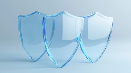 Glass security shields shown from different angles. Transparent protective emblems with blue glossy surfaces and reflective highlights for healthcare protection or defense software interface concept.