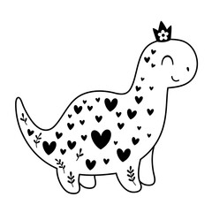 Black and white Valentine dinosaur clipart. Valentines day clipart. Valentine dino doodle in cartoon flat style. Hand Draw Vector illustration.