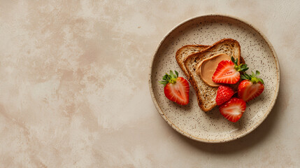Healthy breakfast: Toasted bread with nut butter and fresh strawberries.