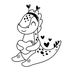 Black and white Valentine dinosaur clipart. Valentines day clipart. Valentine dino doodle in cartoon flat style. Hand Draw Vector illustration.