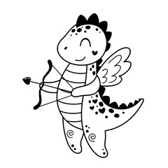 Fototapeta premium Black and white Valentine dinosaur clipart. Valentines day clipart. Valentine dino doodle in cartoon flat style. Hand Draw Vector illustration.
