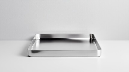 Square metal tray on white table, minimalist studio.  Food prep, serving, display