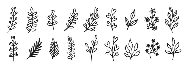 Cute leaf modern doodle hand drawn icon set. Outline drawing cute leaf modern line clipart symbol collection