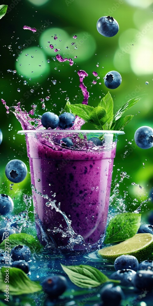 Poster close-up of refreshing blueberry drink with mint and splash effect