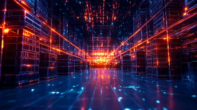 Digital automatic system with AI capabilities for handling, sorting and preparing cargo for shipment. 4K video visualization of software for a logistics warehouse