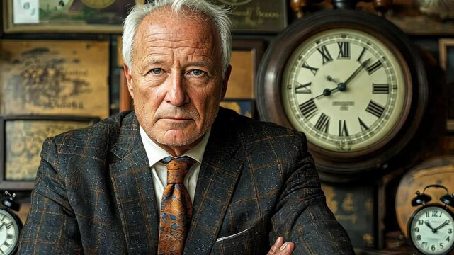 Man in a suit and tie stands in front of a clock and two other clocks. He is wearing a watch and has his arms crossed