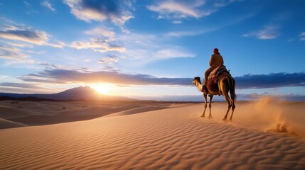 rider on a camel traverses expansive sandy dunes as the sun sets in the background, casting warm hues across the tranquil desert landscape during evening hours