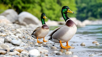 Obraz premium Two Mallard Ducks by the Riverbank on Pebbles